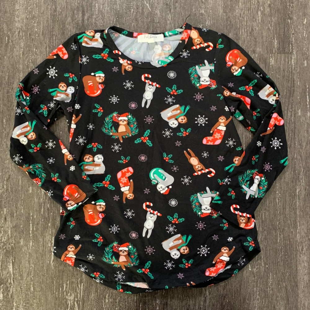 Full Circle Trends Kids Sloth Candy Cane Christmas Top Shirt Size L